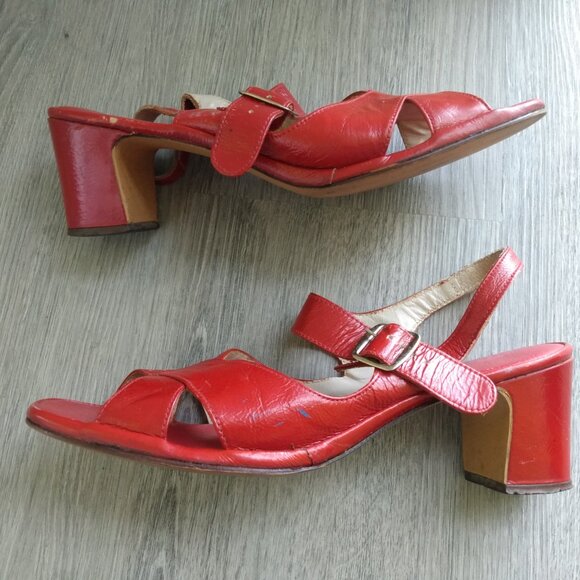 Vintage Red Shoes Size 8 / 9 Chunky Heels Strappy Slingbacks - Picture 6 of 15